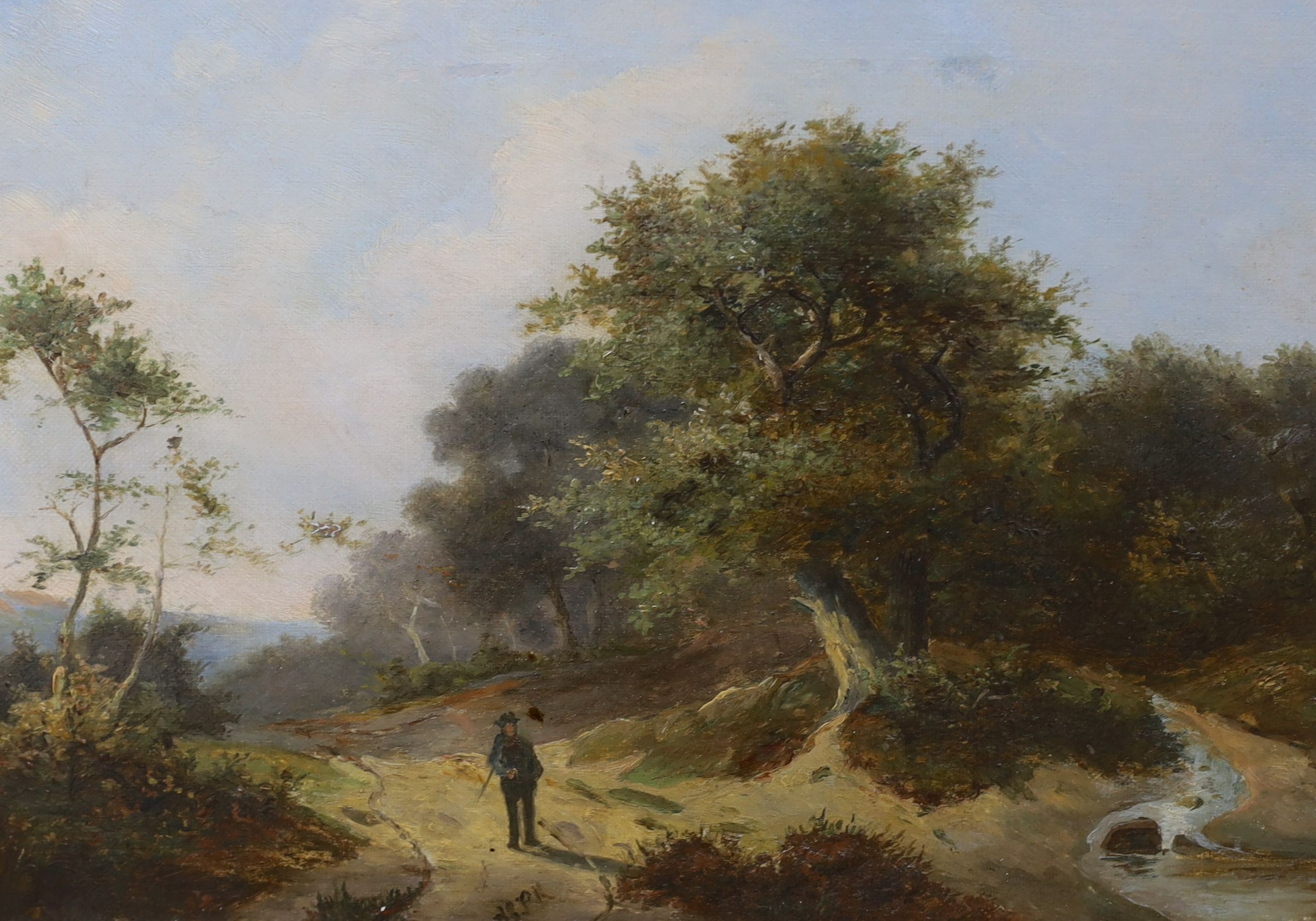 Hendrik Pieter Koekkoek (Dutch, 1843-1927), oil on canvas, Figure on a country lane, initialled, Eastbourne Fine Art label verso, 21 x 29cm